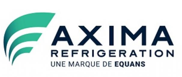 Logo pour AXIMA REFRIGERATION, une marque d'EQUANS, avec un design en arc turquoise et un texte bleu foncé.