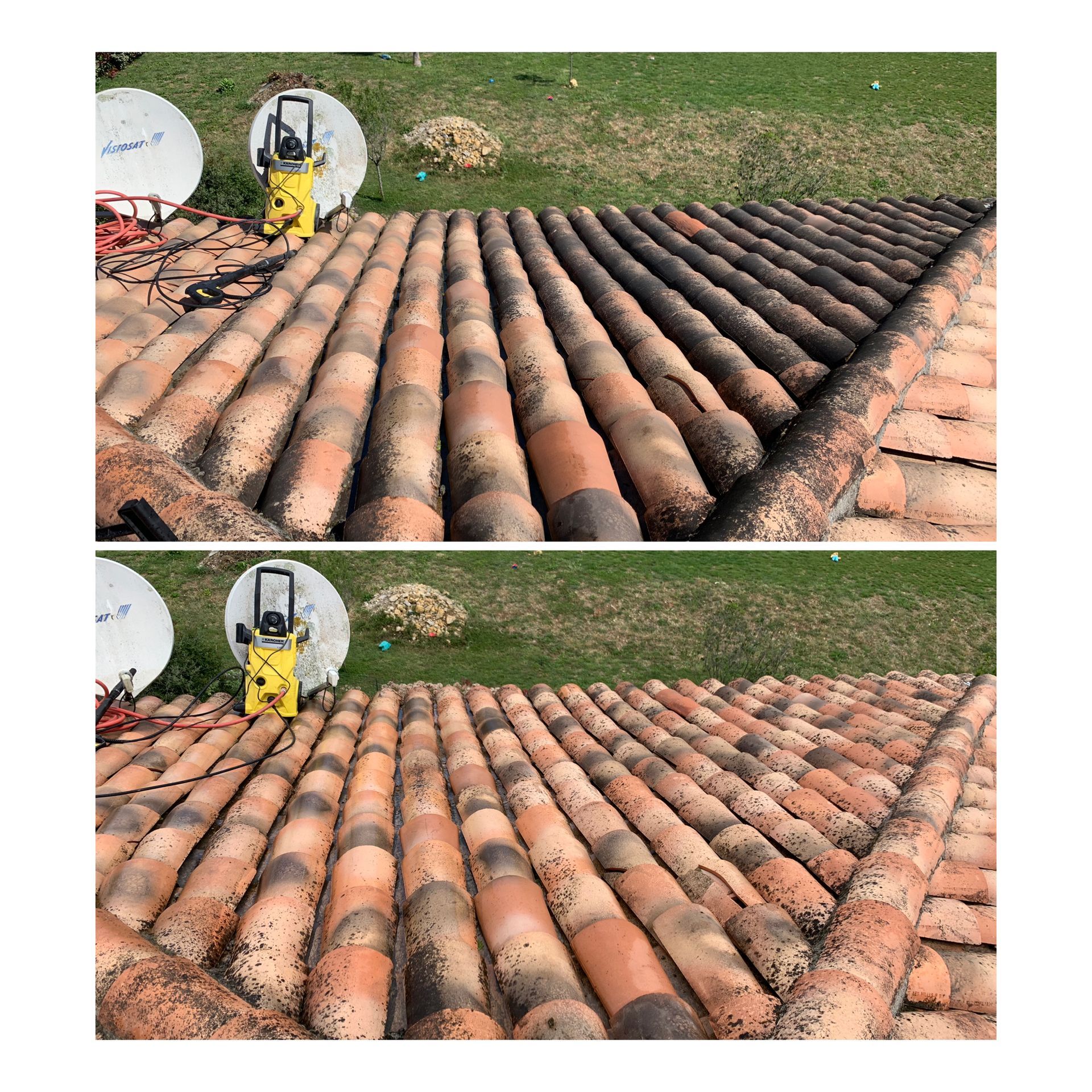 Photo d'une toiture avant et après un nettoyage