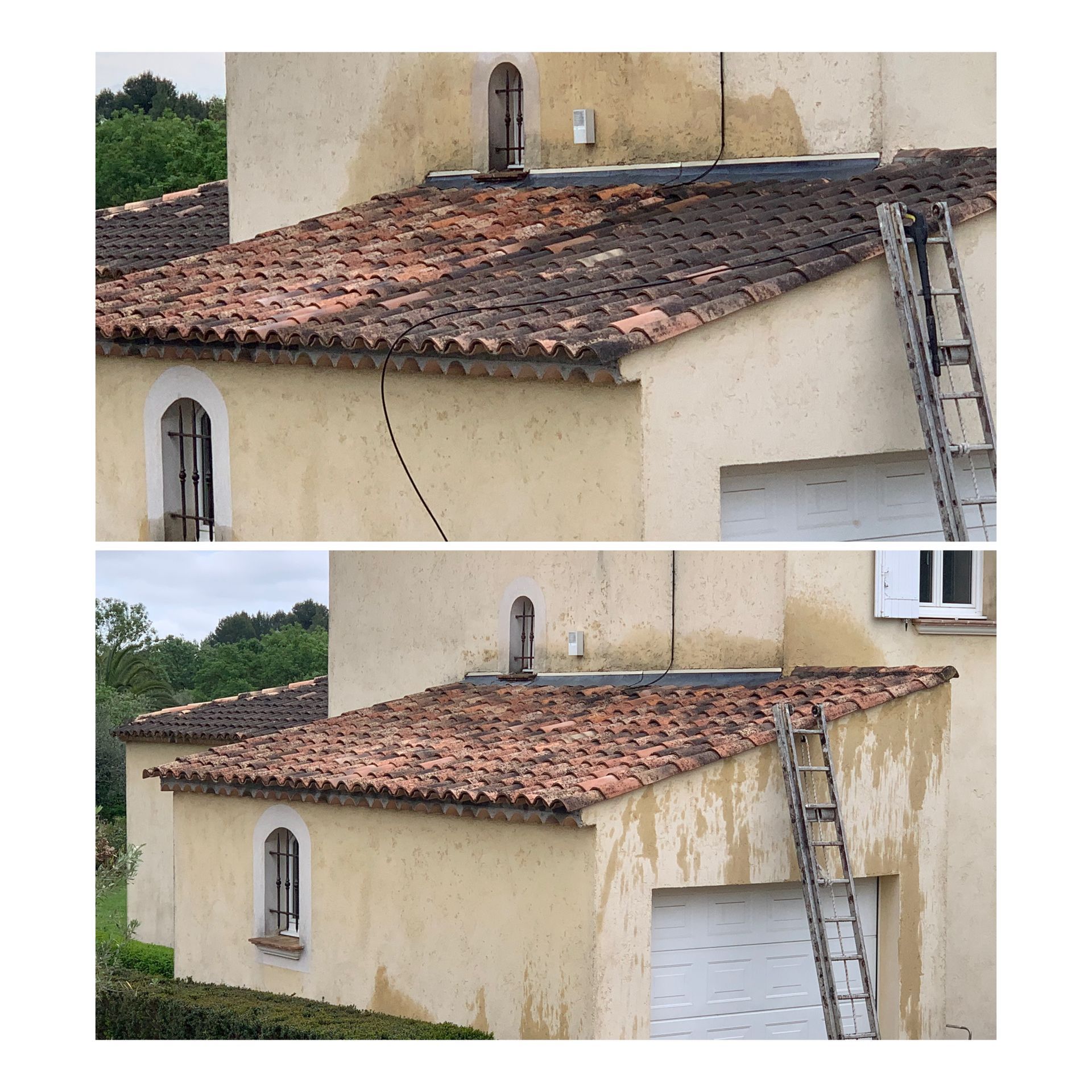Photo de la toiture d'une maison avant et après un entretien, avec une échelle sur le côté de la maison