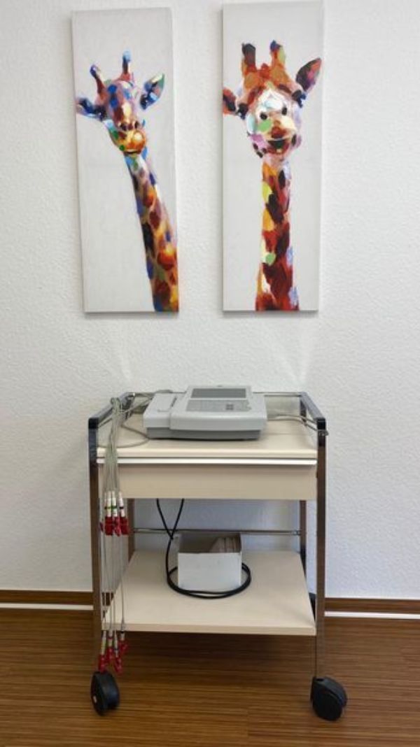 Babywaage bei Praxis für Kinder- und Jugendmedizin Jasmin Lidgett und zwei Giraffen-Bilder an der Wand