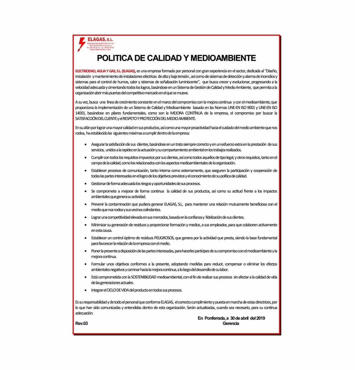 Spanish document titled “Política de Calidad y Medioambiente” on white page with red border and company logo.