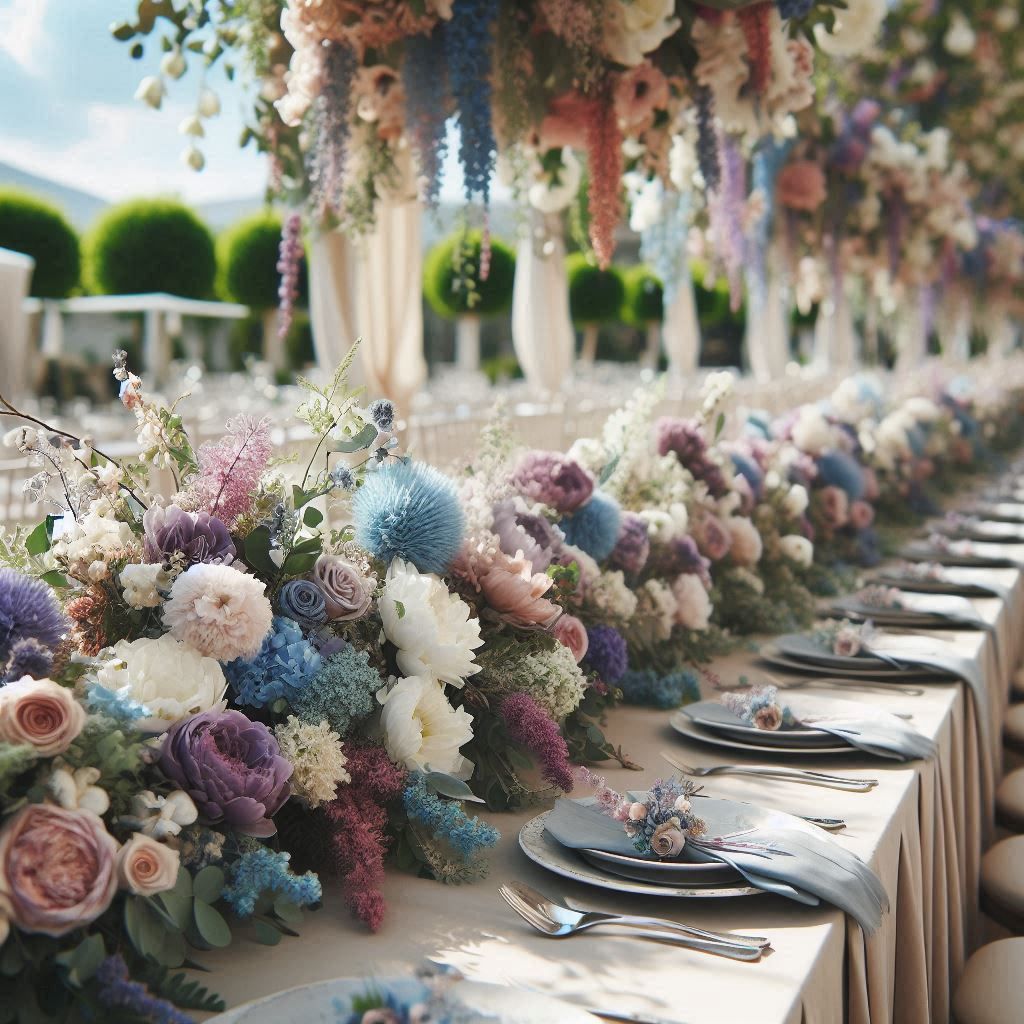 Mesa larga para evento al aire libre con centros de mesa florales en tonos pastel y arreglos colgantes.
