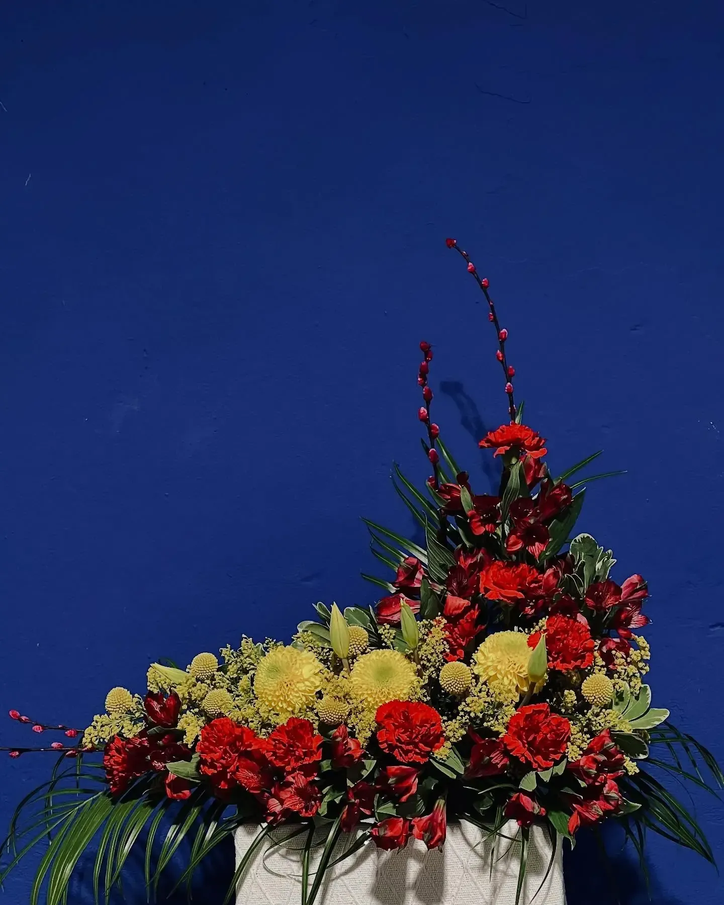 Arreglo floral de flores rojas y amarillas en un jarrón cuadrado blanco sobre fondo azul.