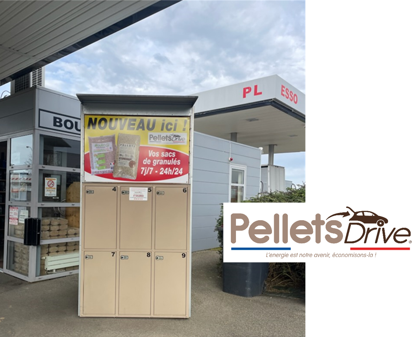 Distributeur de granulés PelletsDrive dans une station-service Esso, avec casiers pour un achat 24h/24 et 7j/7.