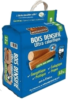 Sac bleu de bois densifié contenant des informations sur le produit et une poignée de transport.