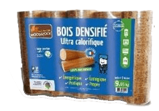 Paquet de bois de chauffage WoodStock Bois Densifié, ultra-calorifique, 9,05 kg, emballage bleu et brun.