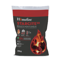 Sac de combustible sans fumée Homefire Starcite 30, 25 kg, noir, rouge et blanc. Motifs de flammes et icônes.