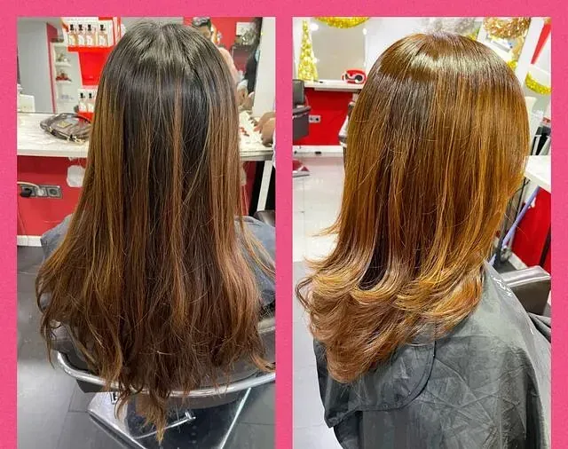 Una fotografía de antes y después del cabello de una mujer en un salón.