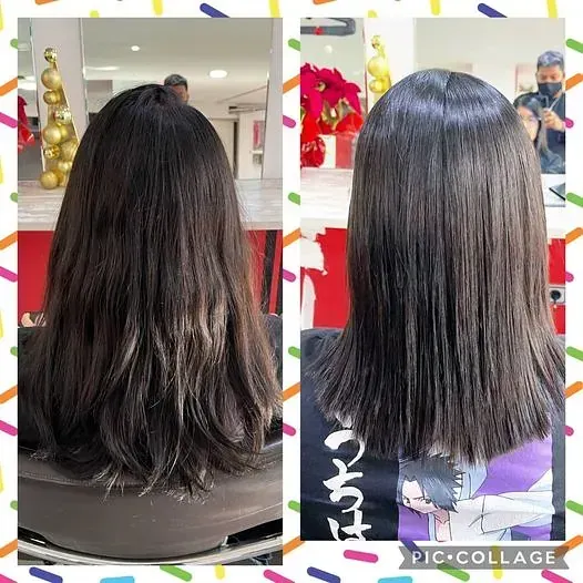 Una foto de antes y después del cabello de una mujer.