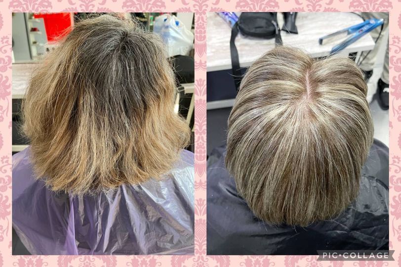 Una fotografía de antes y después del cabello de una mujer en un salón.