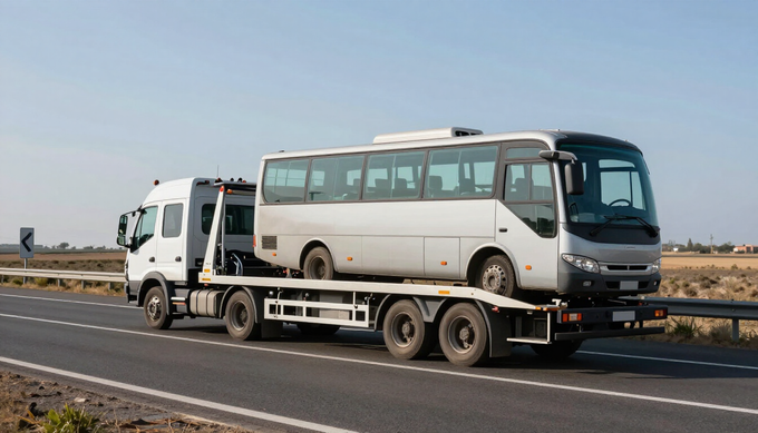 Autobús blanco sobre una grúa de plataforma circulando por una autopista bajo un cielo despejado