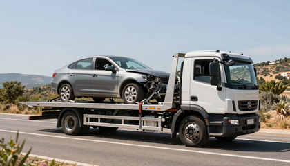 Una grúa transporta un sedán plateado dañado al costado de la carretera bajo un cielo despejado.
