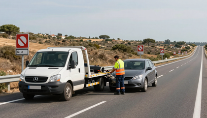 Una grúa y un coche gris se detuvieron en una carretera rural; un trabajador con chaleco amarillo se encontraba entre ellos.