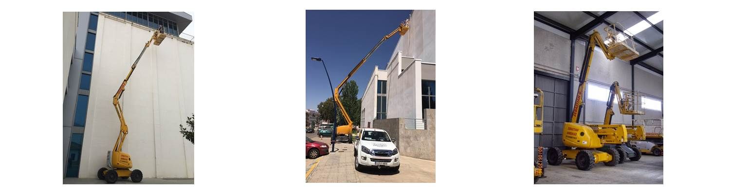 Un collage de tres imágenes de una grúa, un camión y un edificio.