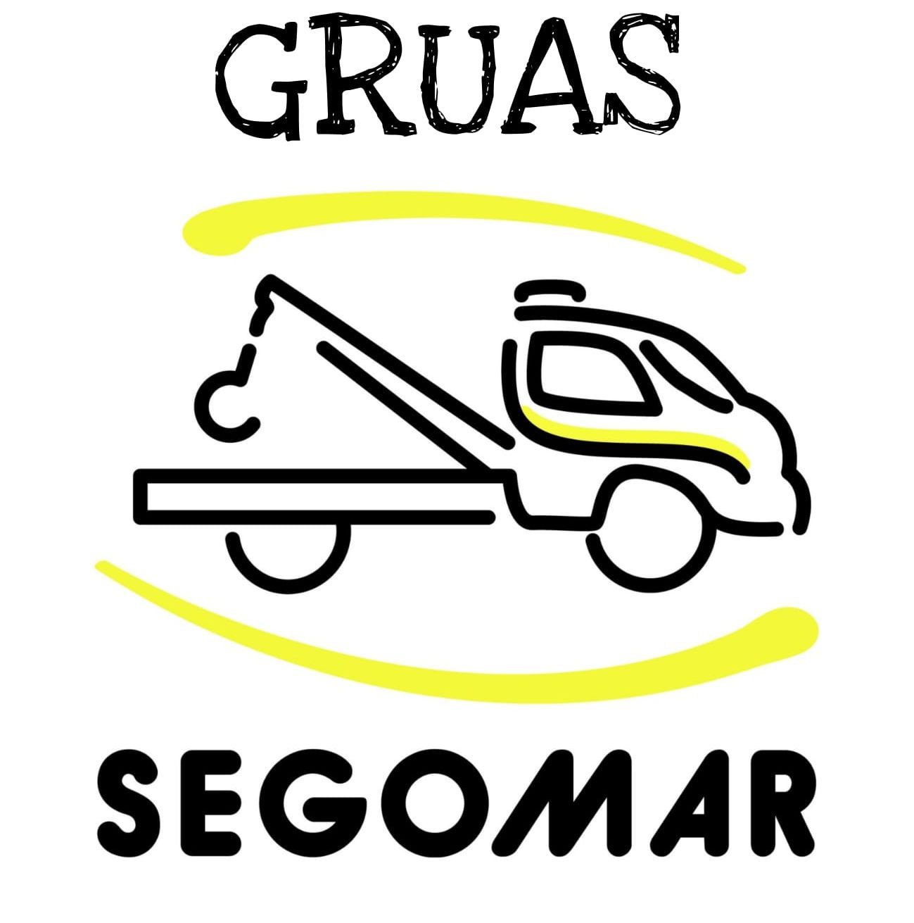 El logotipo de gruas segomar es una grúa con una grúa en la parte trasera.