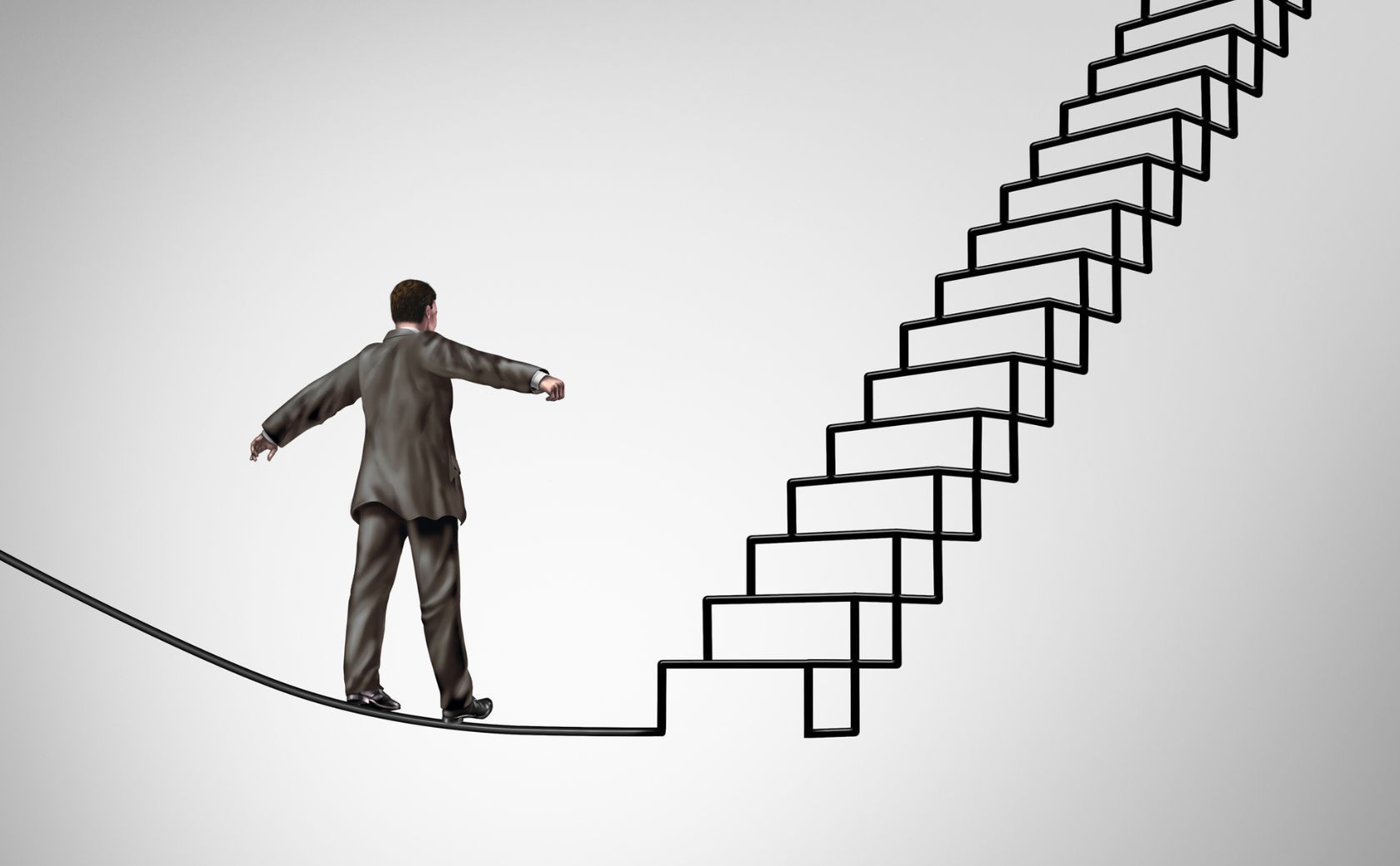 Unternehmer balanciert Risiko auf Treppe zum Erfolg