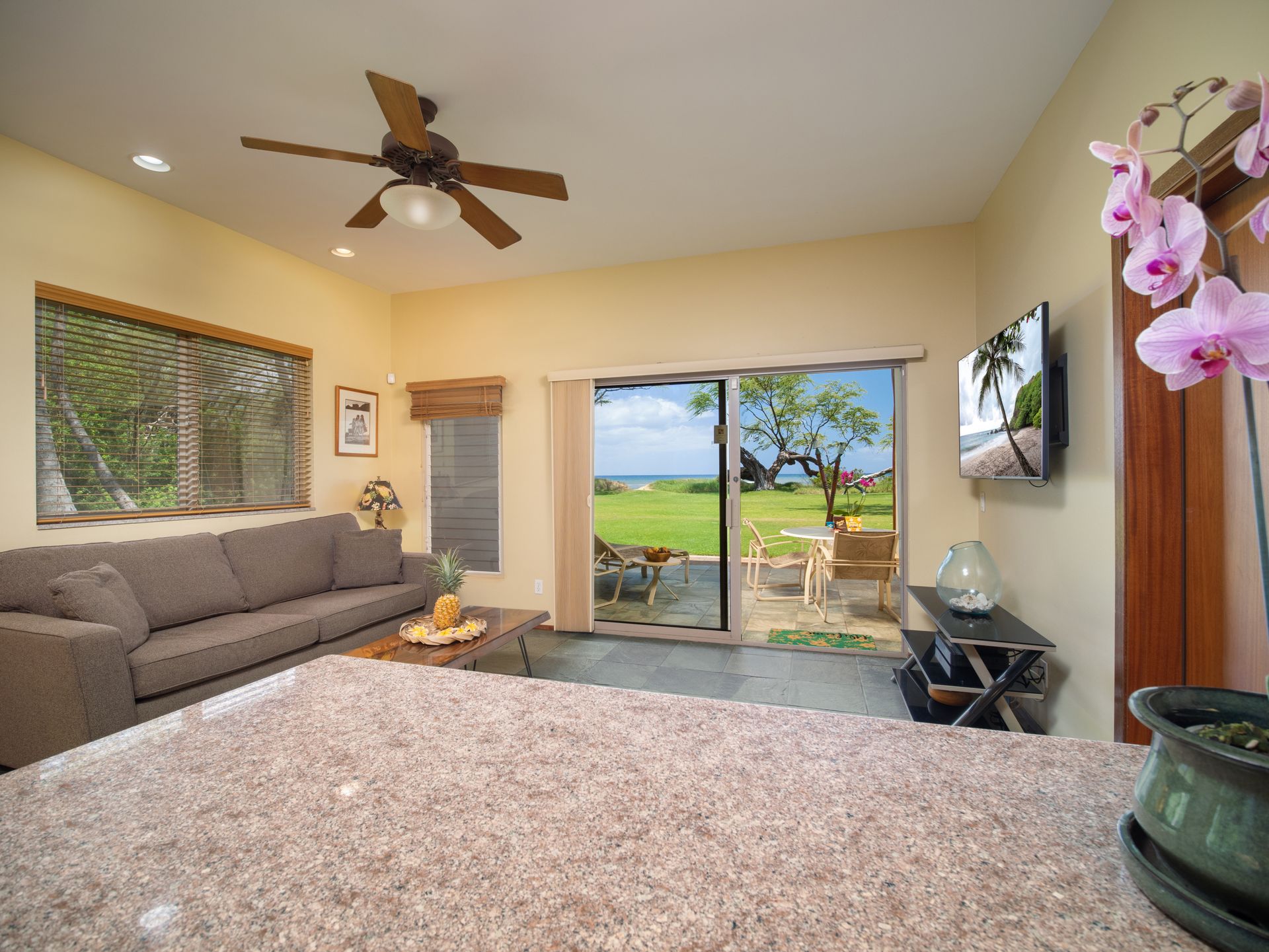 A living room with a sliding glass door and a ceiling fan.