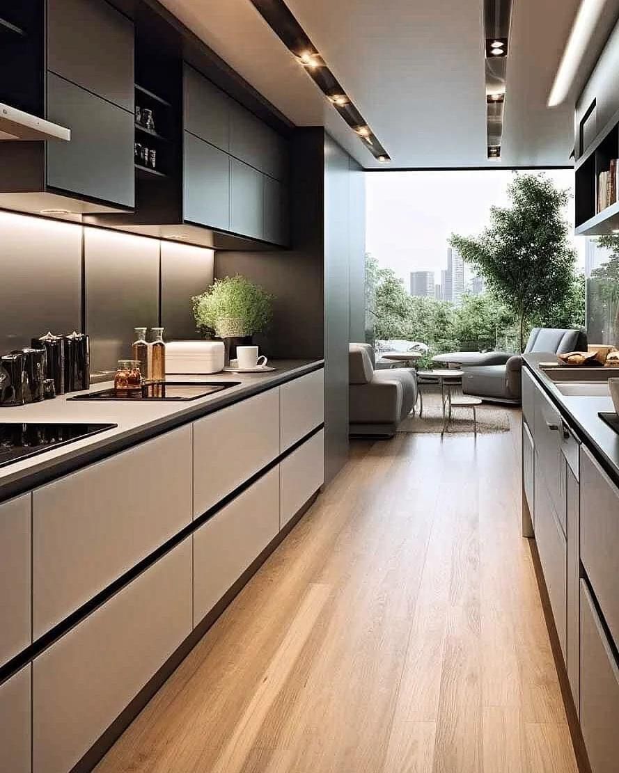 Cuisine avec mobilier posé en parallèle