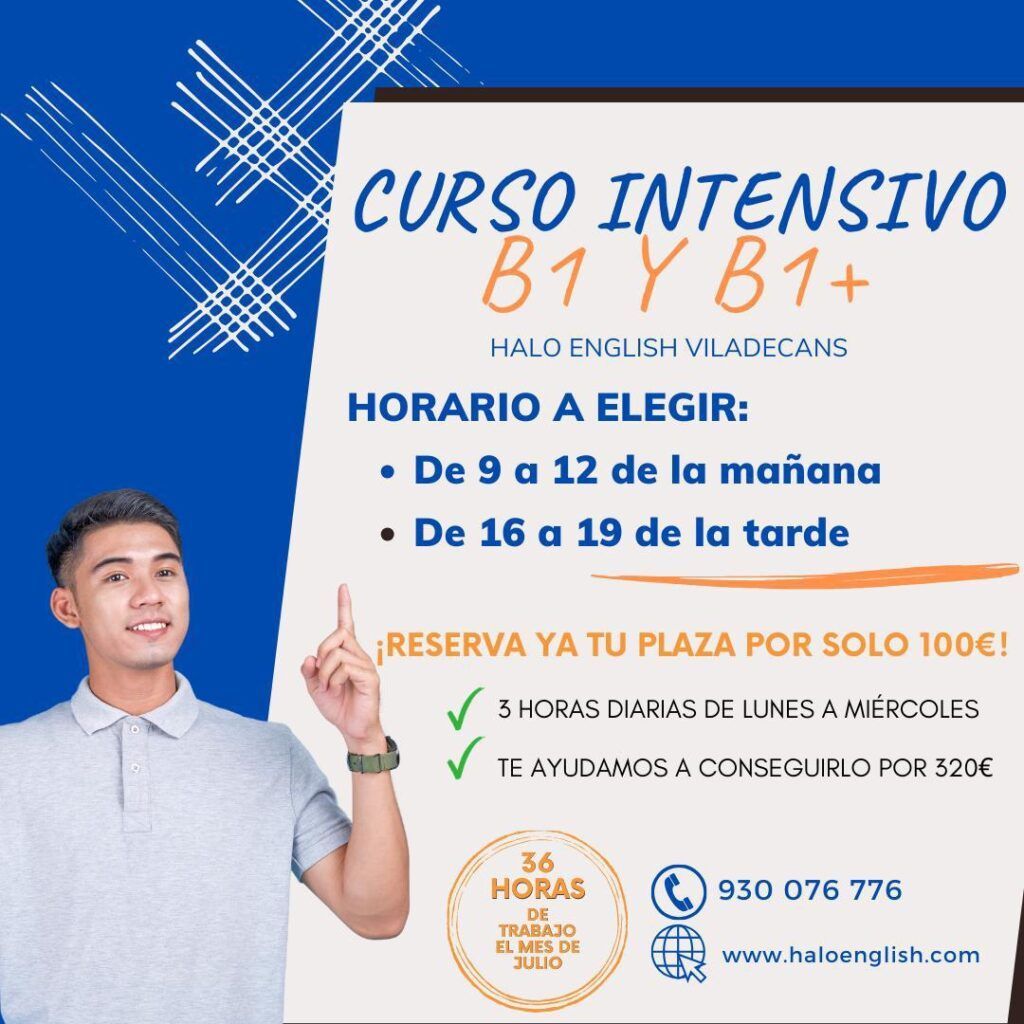 Un hombre parado frente a un cartel que dice curso intensivo b1 y b1 +