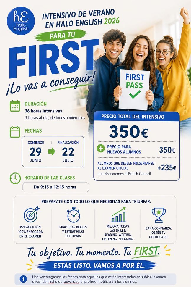 Un hombre parado frente a un cartel que dice curso intensivo b1 y b1 +