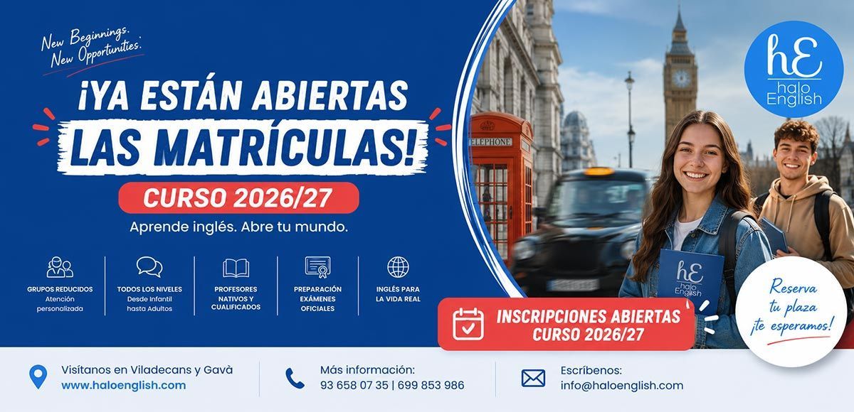 Cartel azul y blanco de matrícula 2026/27 con edificio, joven sonriente y logo de HE