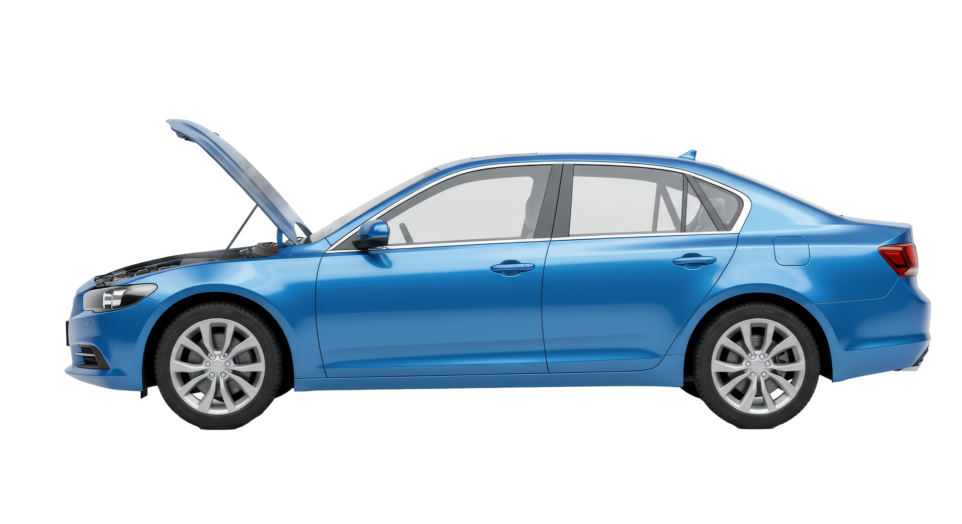 Vue de profil d'une berline bleue avec le capot ouvert.