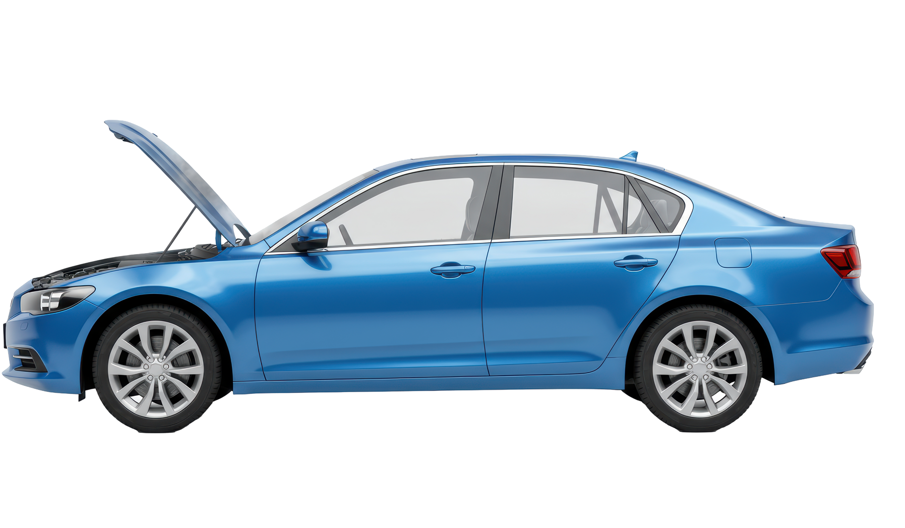 Vue latérale d'une berline bleue, capot ouvert.