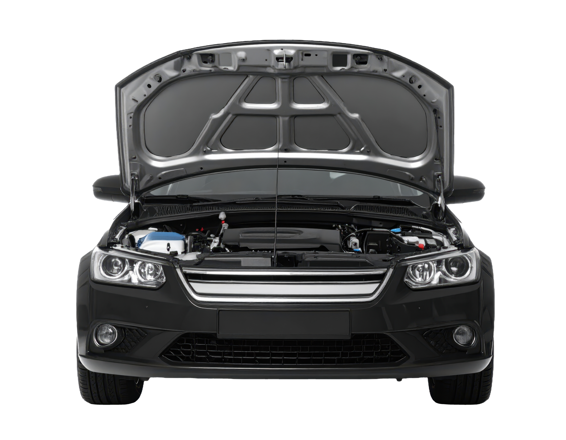 Une voiture noire, capot ouvert.