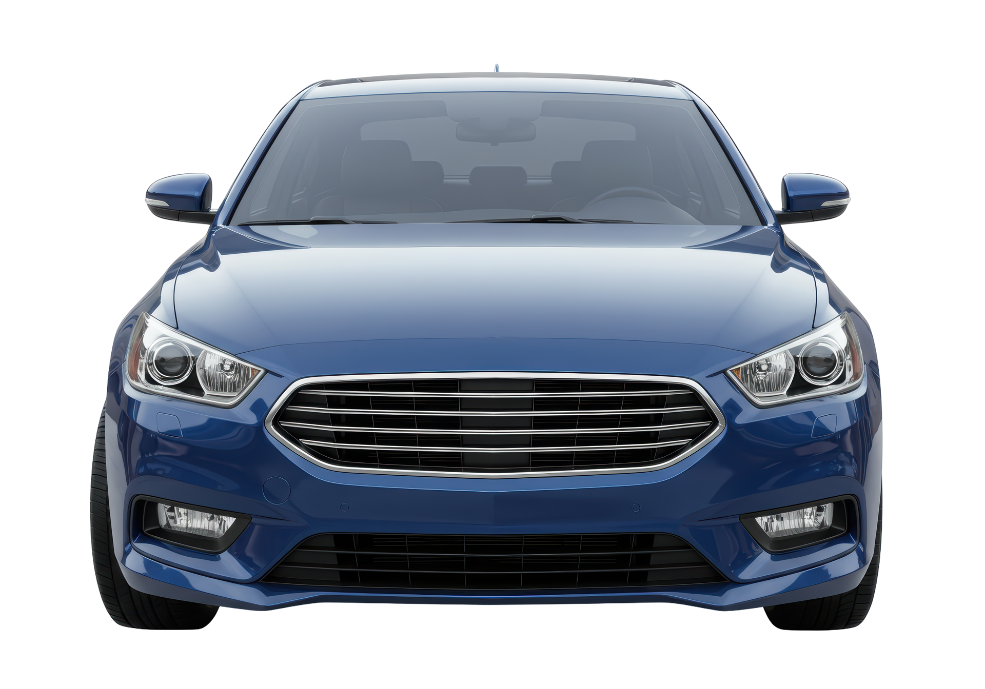 Vue de face d'une berline bleu métallisé.