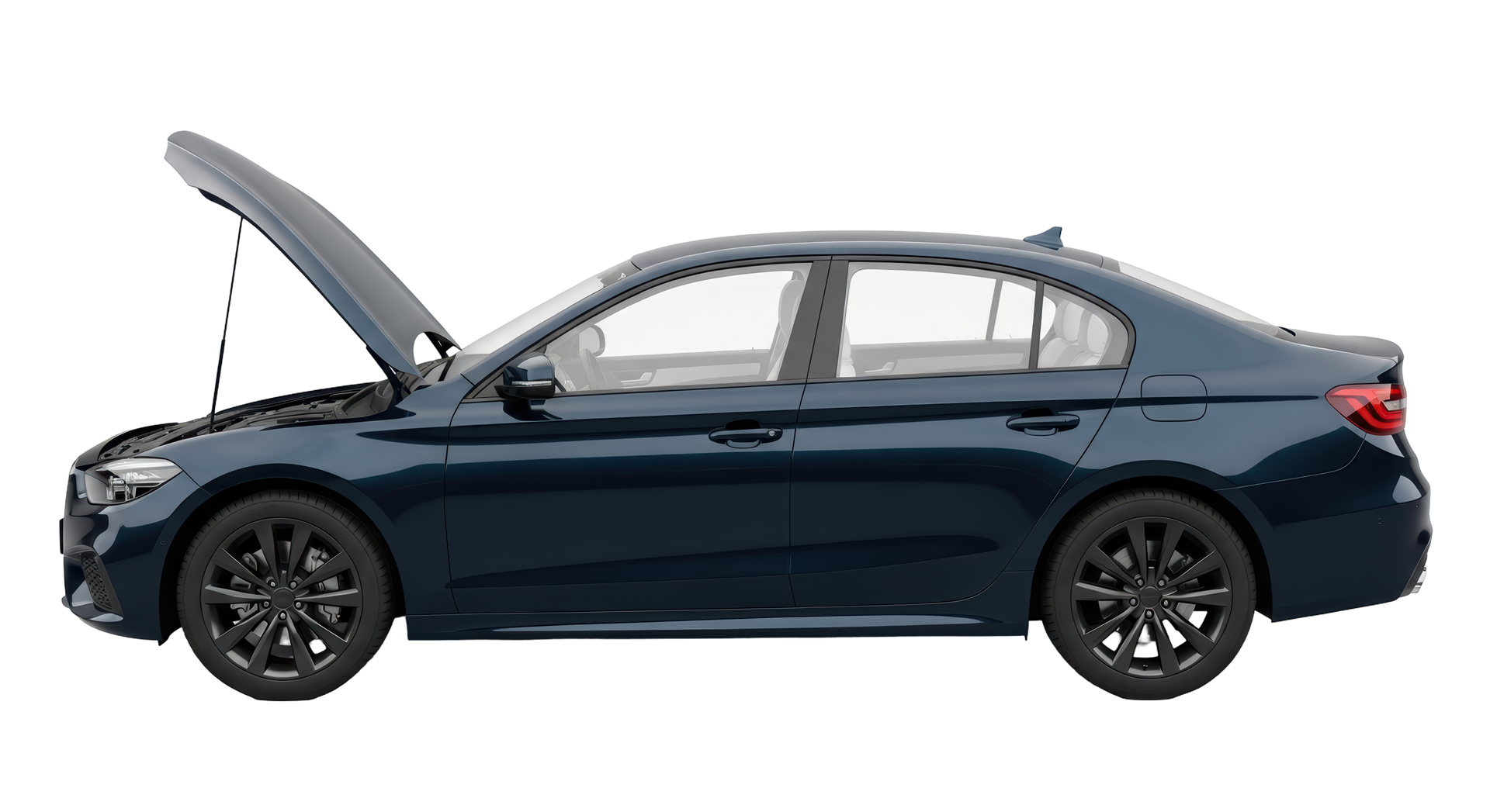 Une berline bleu foncé vue de profil, capot ouvert.