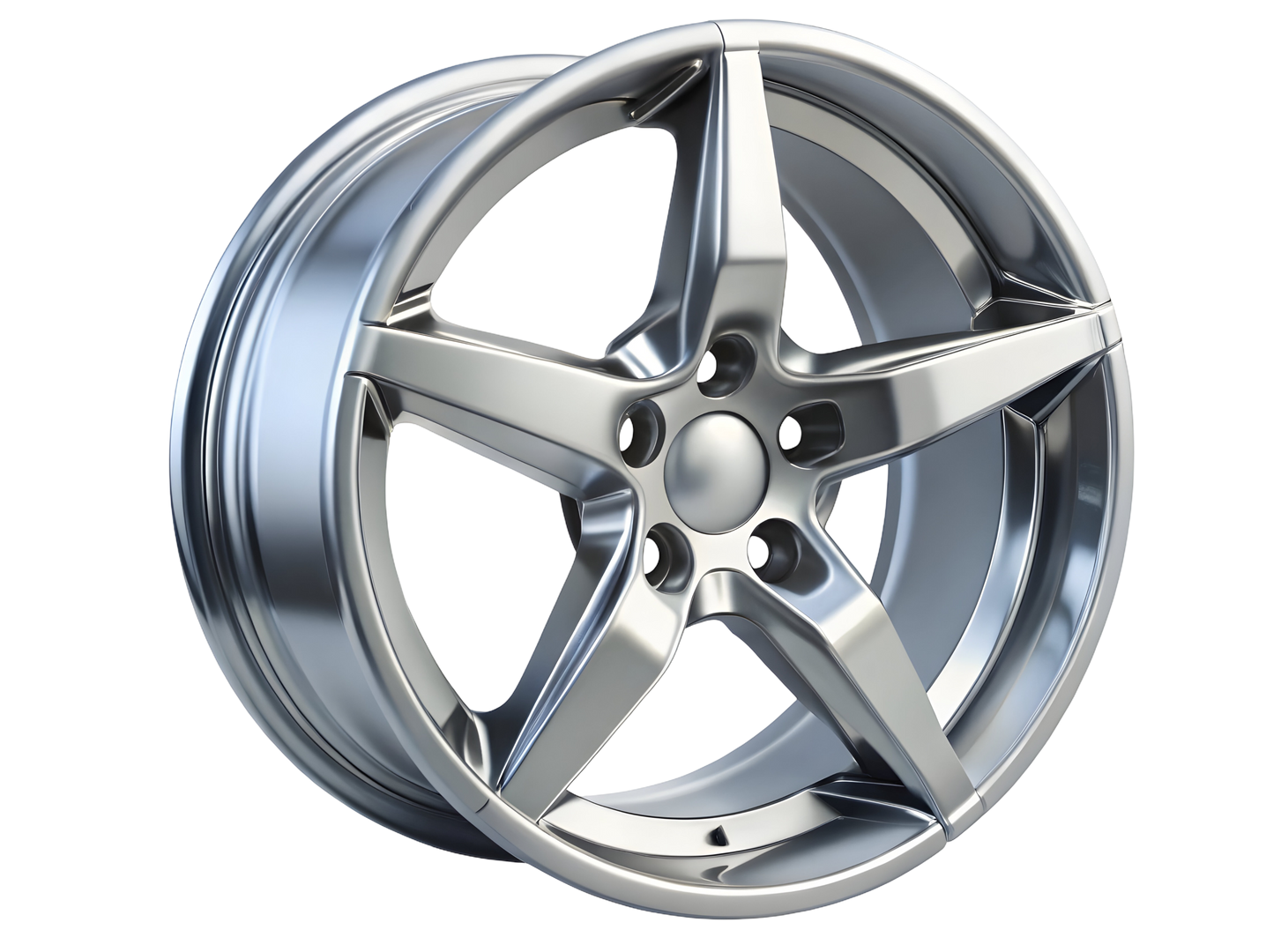 Une jante de voiture en alliage argenté à cinq branches.