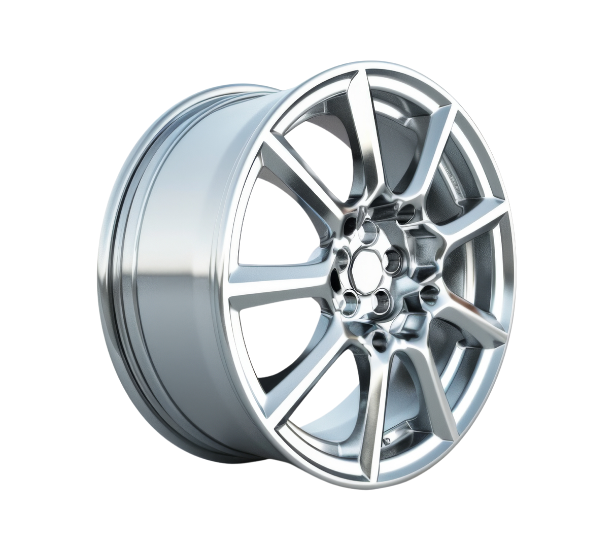 Une jante automobile en alliage argenté présentée de trois quarts.