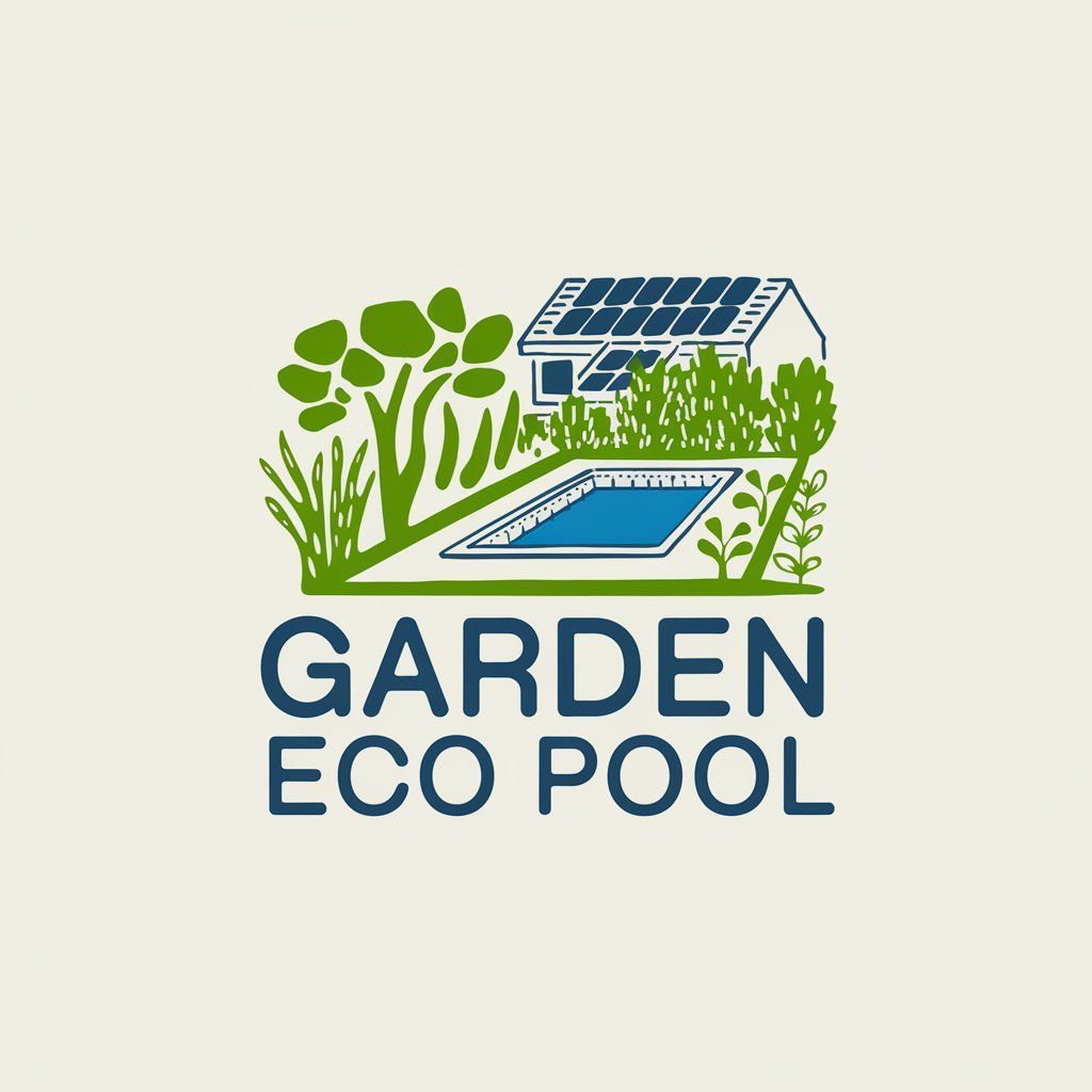 Un logotipo para una piscina ecológica con jardín, una casa y una piscina.