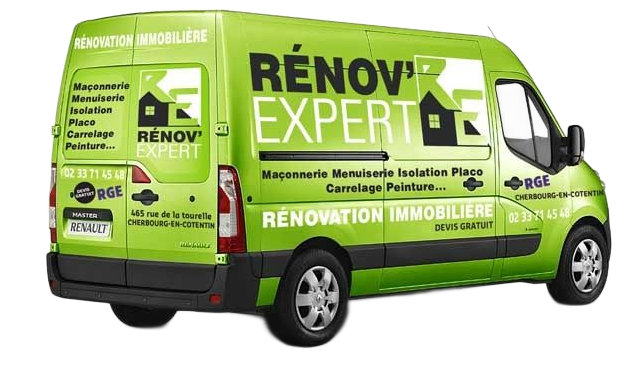 Camionnette de rénovation Rénov'Expert avec logo de l'entreprise sur le côté.