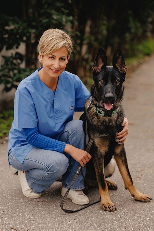 Μια γυναίκα γονατίζει δίπλα σε έναν γερμανικό ποιμενικό σκύλο.