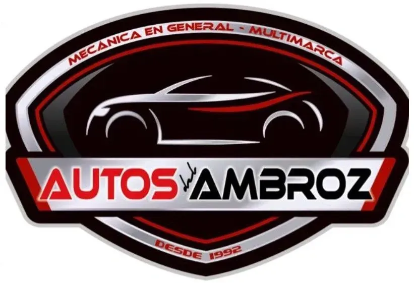 Logotipo de "Autos Ambroz", un taller mecánico multimarca; colores negro, plata y rojo. Incluye la silueta de un coche.