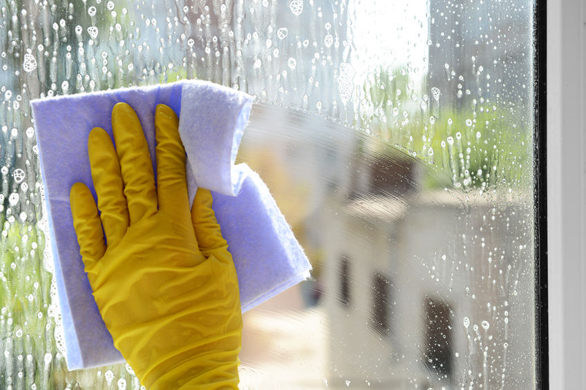 Una persona que lleva guantes amarillos está limpiando una ventana con una esponja.