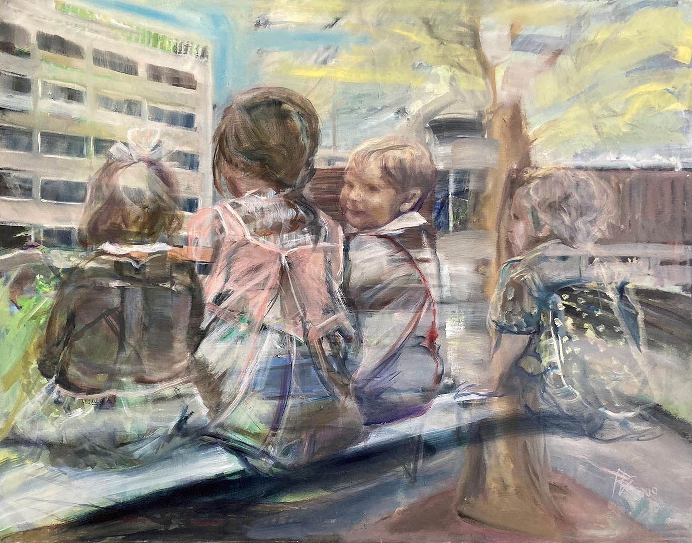 Kinder am Worringer Platz, 90 x 115 cm, 2000, Öl auf Leinwand