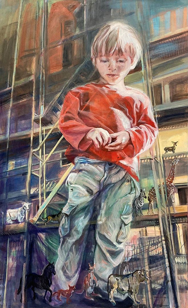 Neuordnung der Schleichtiere, 180 x 110 cm, 2022, Öl auf Leinwand