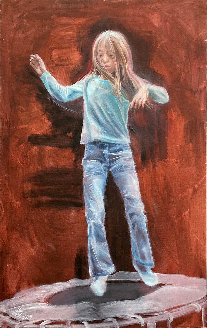 Trampolinspringen, 150 x 95 cm, 2009, Öl auf Leinwand