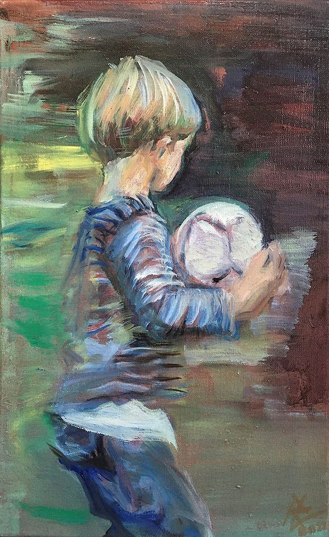 Mit Fußball, 55 x 34 cm, 2022, Öl auf Leinwand