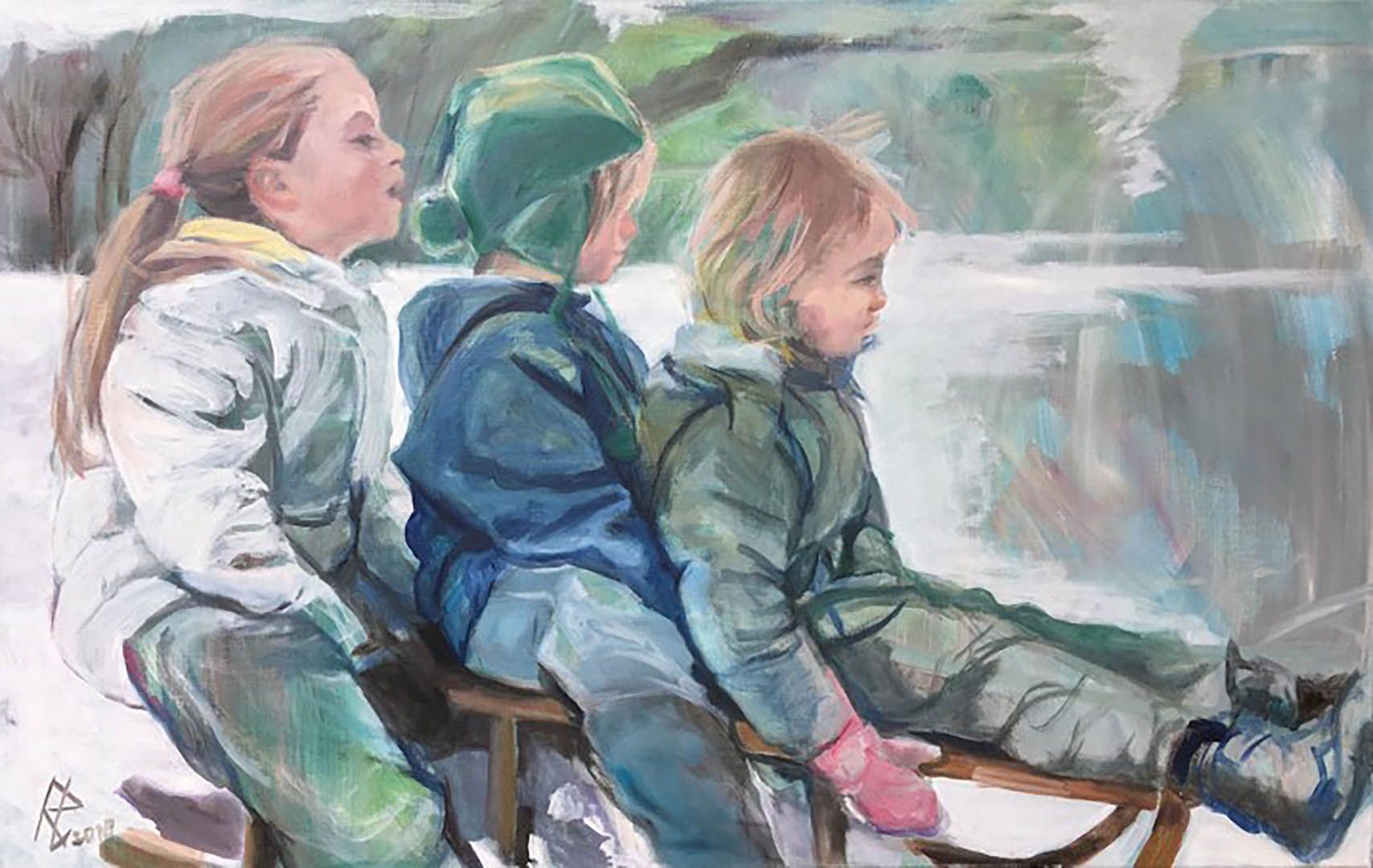 Drei auf einem Schlitten, 70 x 110 cm, 2018, Öl auf Leinwand