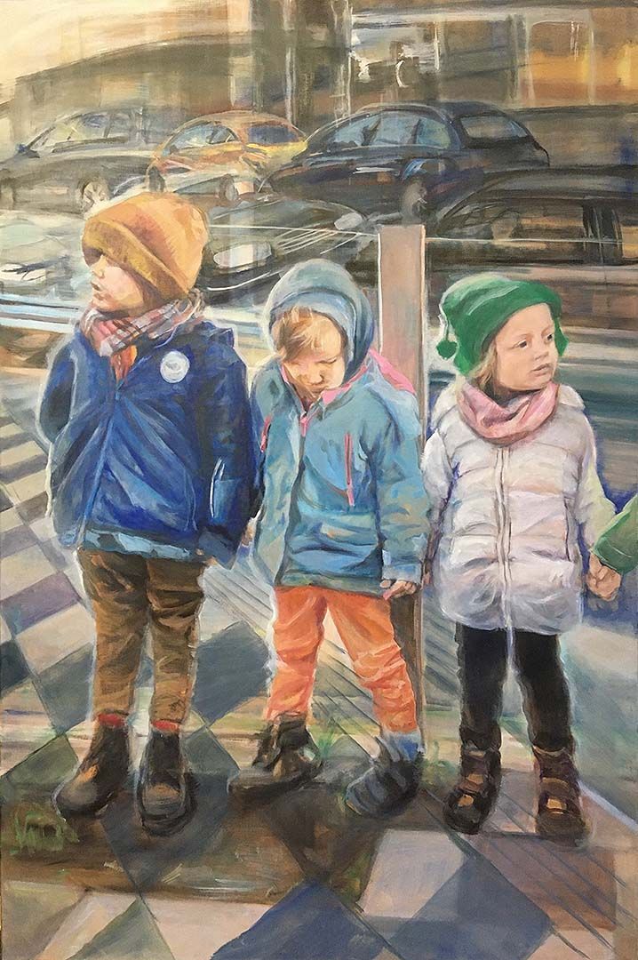 Kindergarten unterwegs, 165 x 110 cm, 2022, Öl auf Leinwand