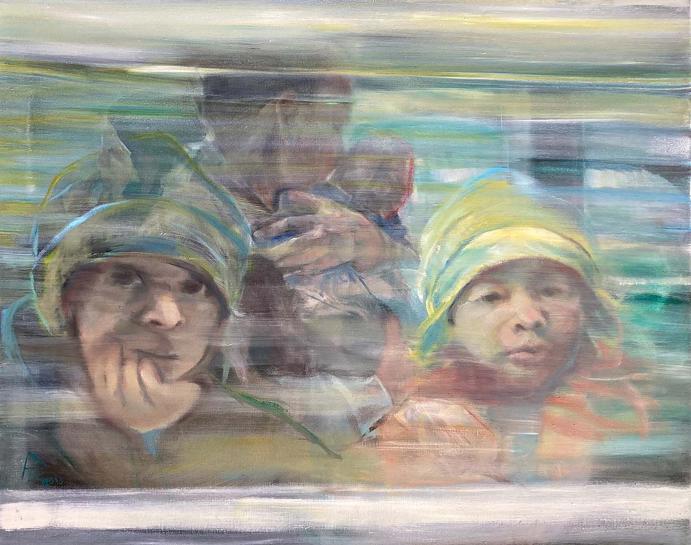 Familie im Zug, 80 x 100 cm, 2013, Öl auf Leinwand