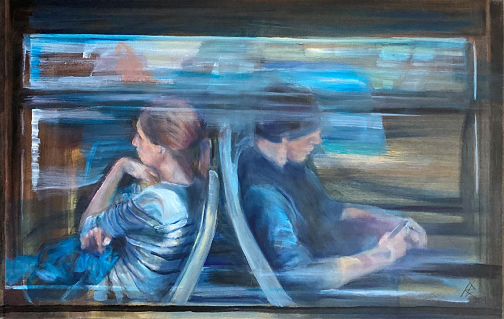 Zwei im Bus, 70 x 110 cm, 2015, Öl auf Leinwand