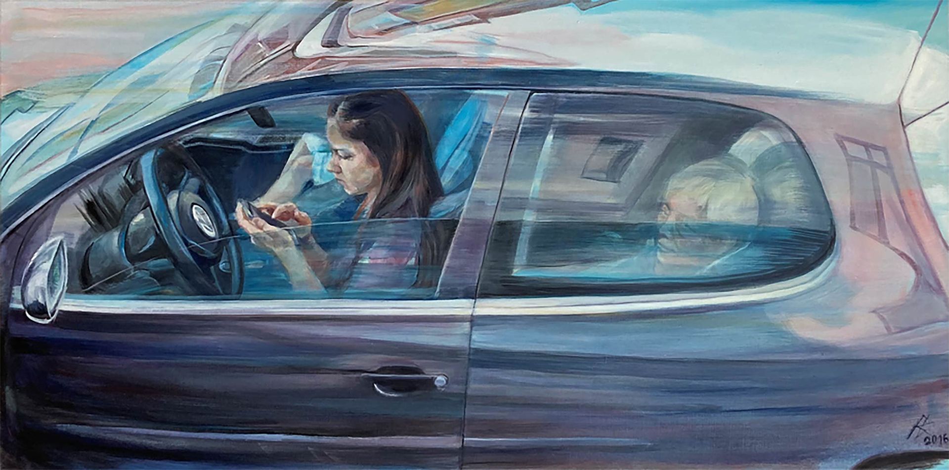 Ampelstopp, 70 x 140 cm, 2016, Öl auf Leinwand