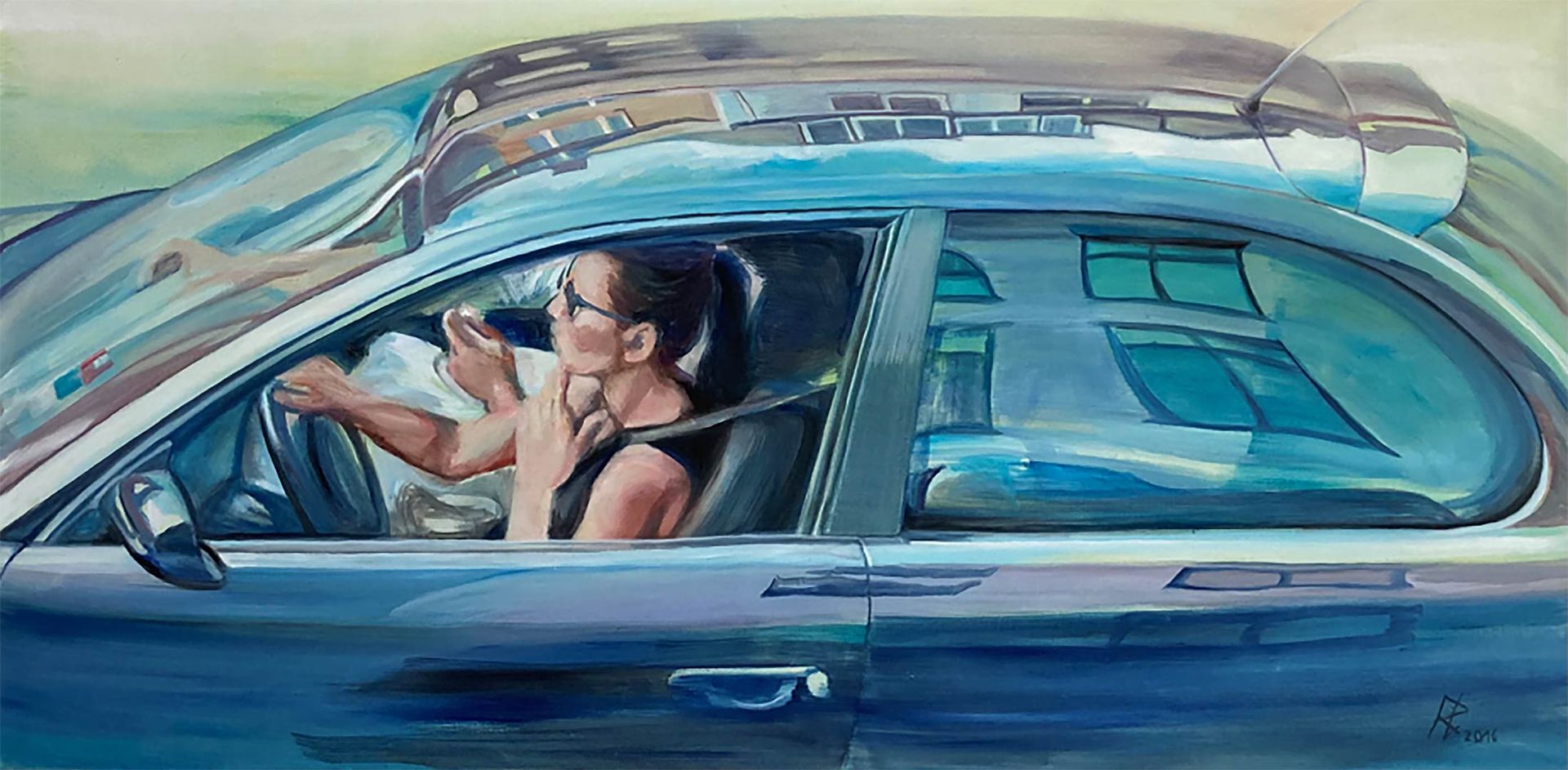 Am Steuer, 70 x 140 cm, 2016, Öl auf Leinwand