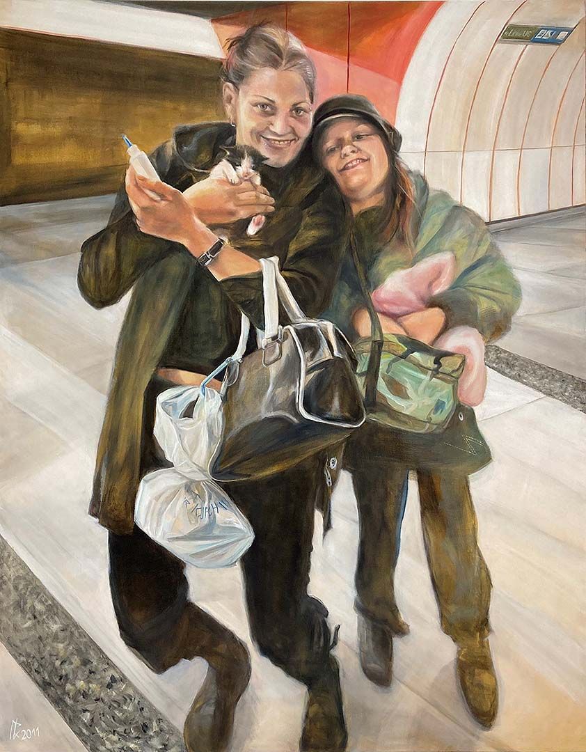 Mit Kätzchen in U2, 210 x 165 cm, 2011, Öl auf Leinwand