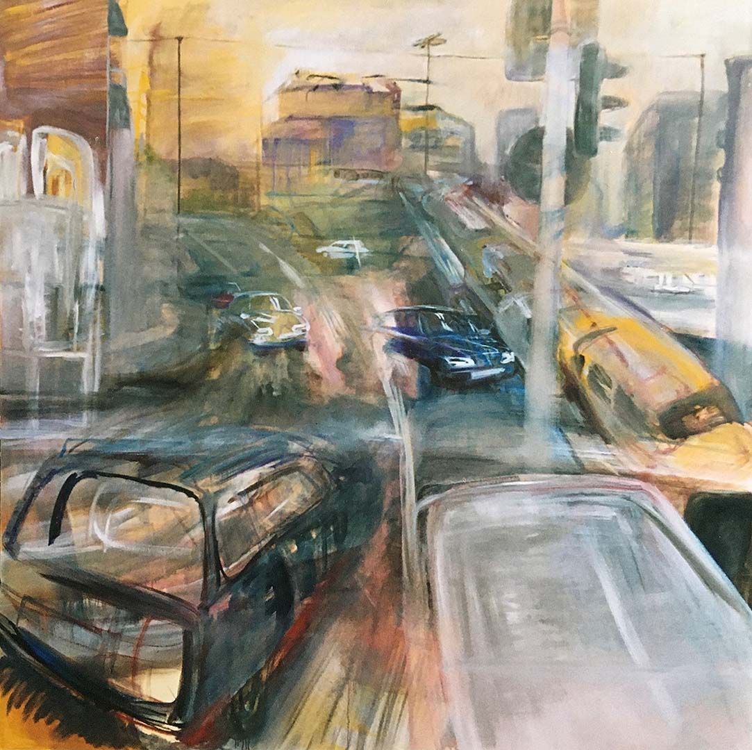 Frühstück am Worringer Platz, 200 x 200 cm, 1999, Öl auf Leinwand