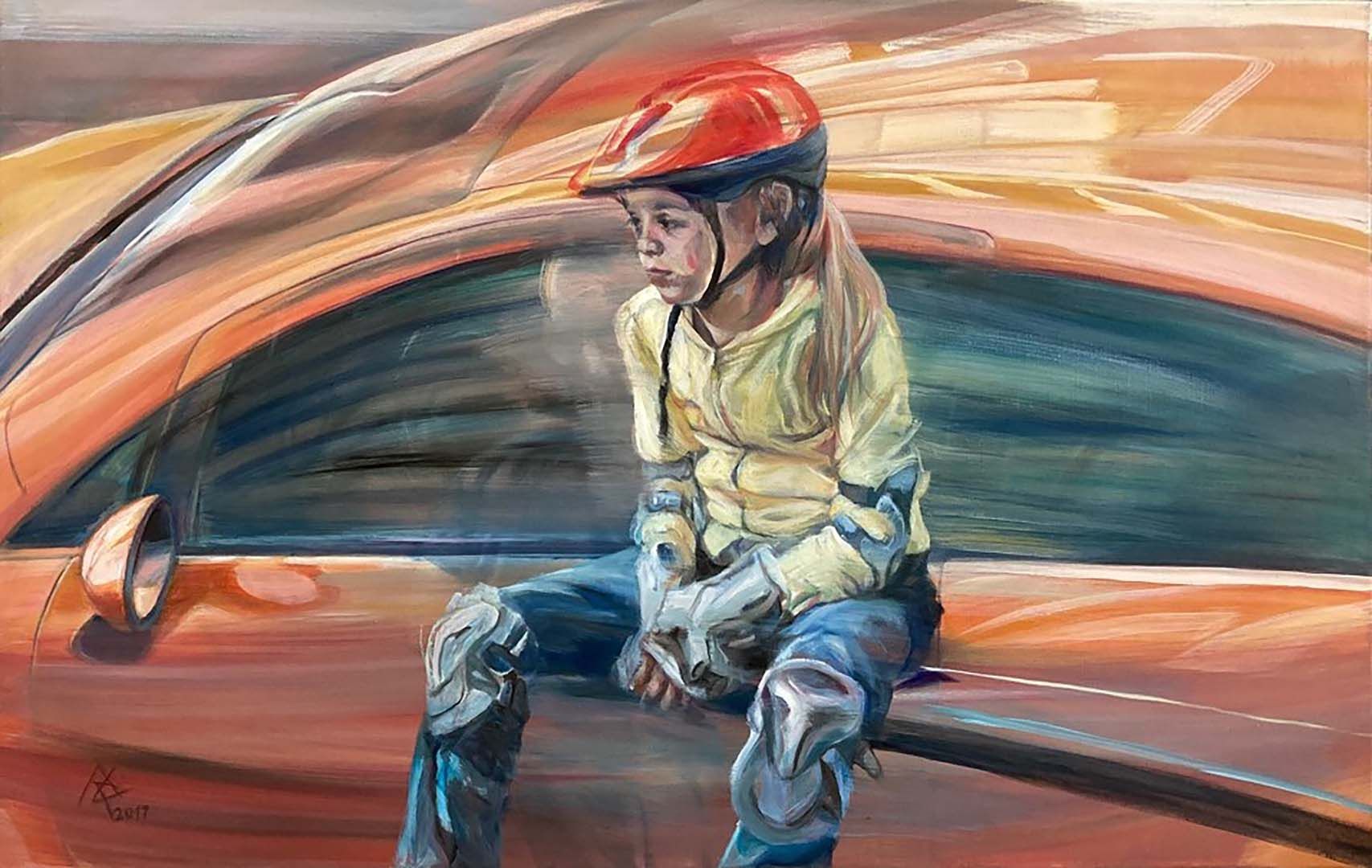 Warten auf die autofreie Stadt, 70 x 110 cm, 2017, Öl auf Leinwand